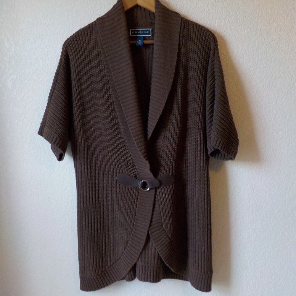 Karen Scott Brown Knit Cardigan Sweater Medium Short Sleeves Career V-Neck